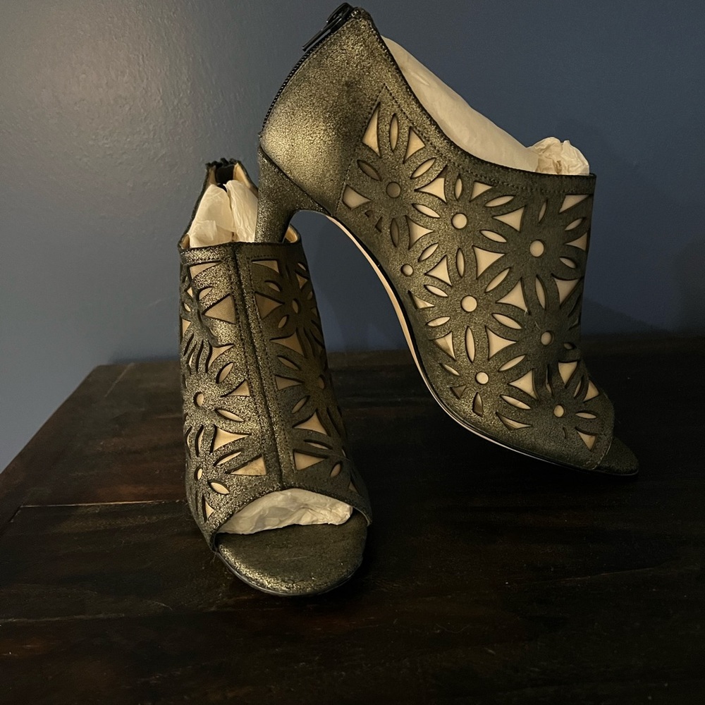 Beautiful pewter color embellished open toe heels